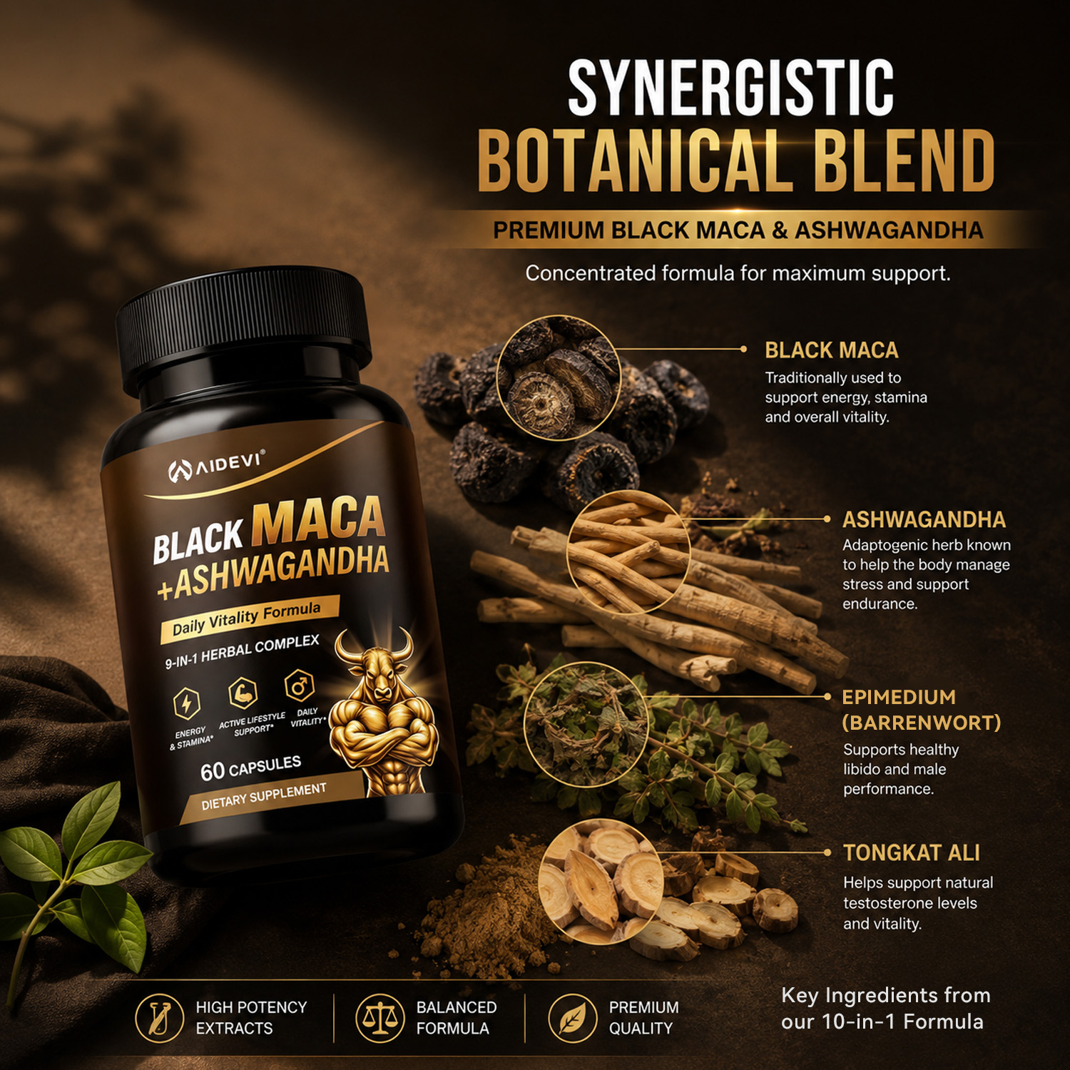 AIDEVI Black Maca + Ashwagandha | Male Energy & Vitality Support